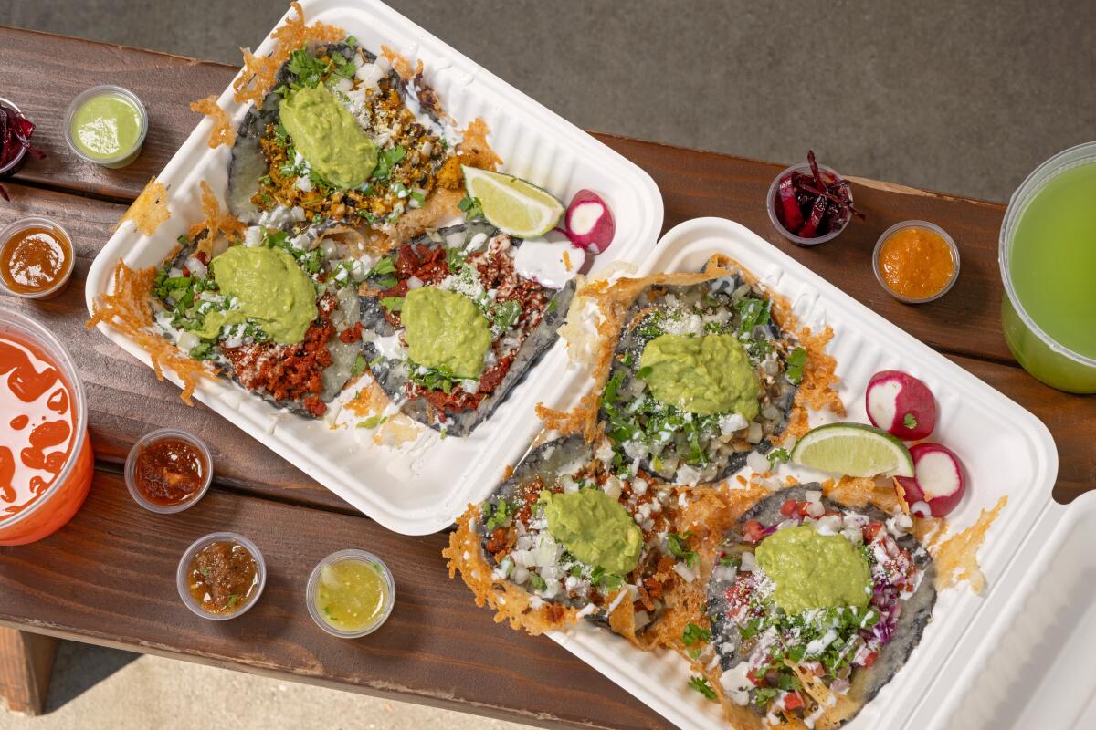 LOS ANGELES, CA - OCTOBER 24, 2024: Villa's Trio taco plate and Vegan Trio taco plate at Villas Tacos in Los Angeles. (Ron De Angelis / For The Times)