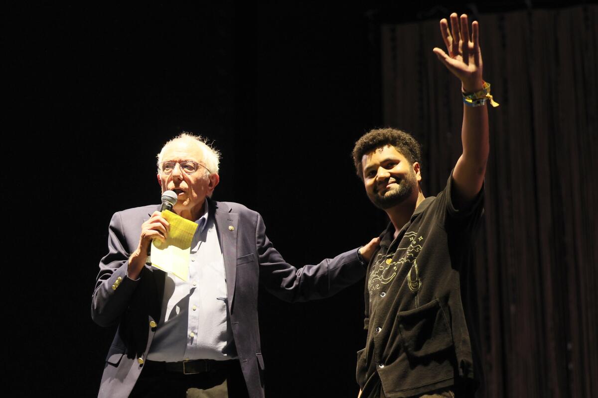 Bernie Sanders, left, and Congressman Maxwell Frost at the 2025 Coachella in Indio, CA on Saturday, April 12, 2025.