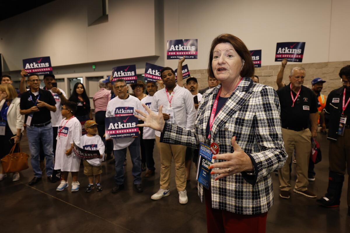 Toni Atkins, in a plaid blazer, speaks to supporters.