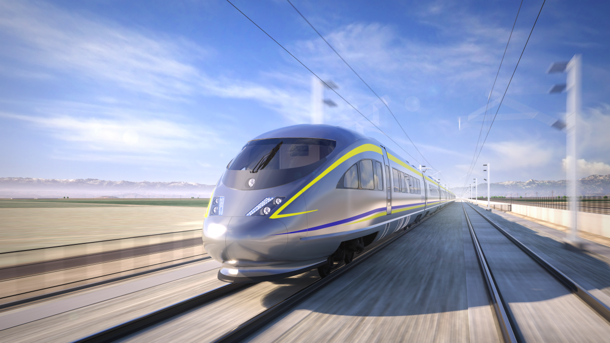 A rendering of a silver high-speed bullet train in motion.