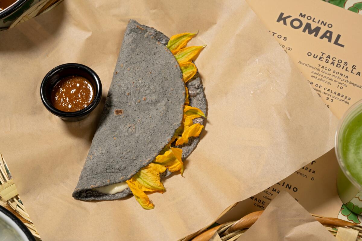 LOS ANGELES, CA - OCTOBER 25, 2024: Quesadilla with Squash Blossoms at Komal in Los Angeles. (Ron De Angelis / For The Times)