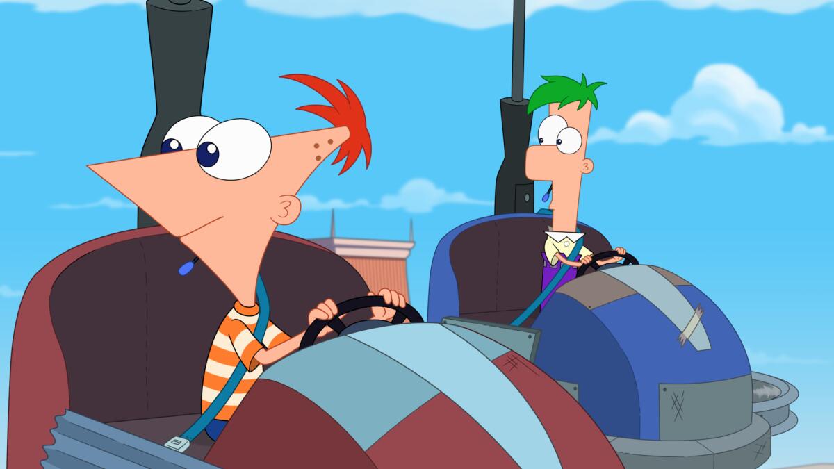 Two animated boys riding in bumper cars that are hovering in the sky.