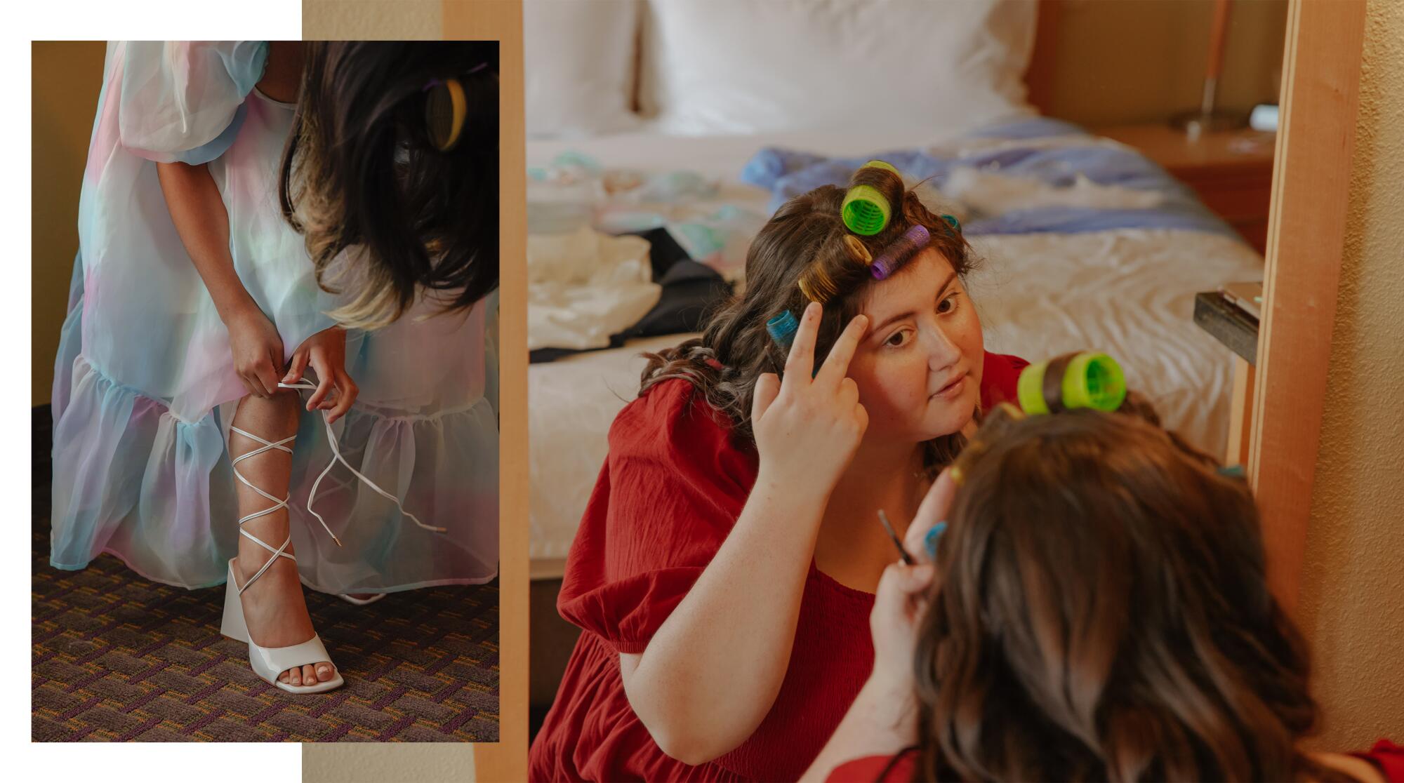A woman, left, ties her shoe, and and another woman applies makeup in preparation for a dance.