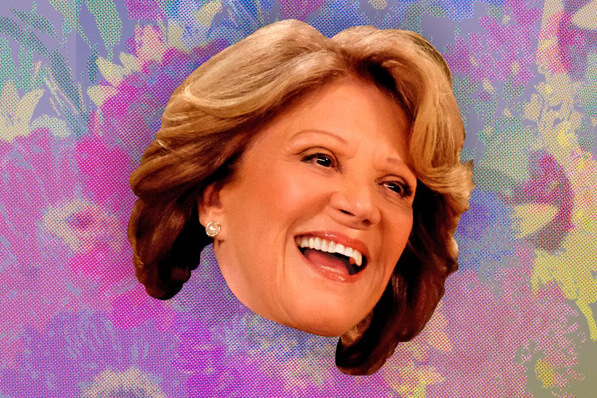 Surreal illustration featuring the floating head of Linda Lavin set against a floral, abstract background.