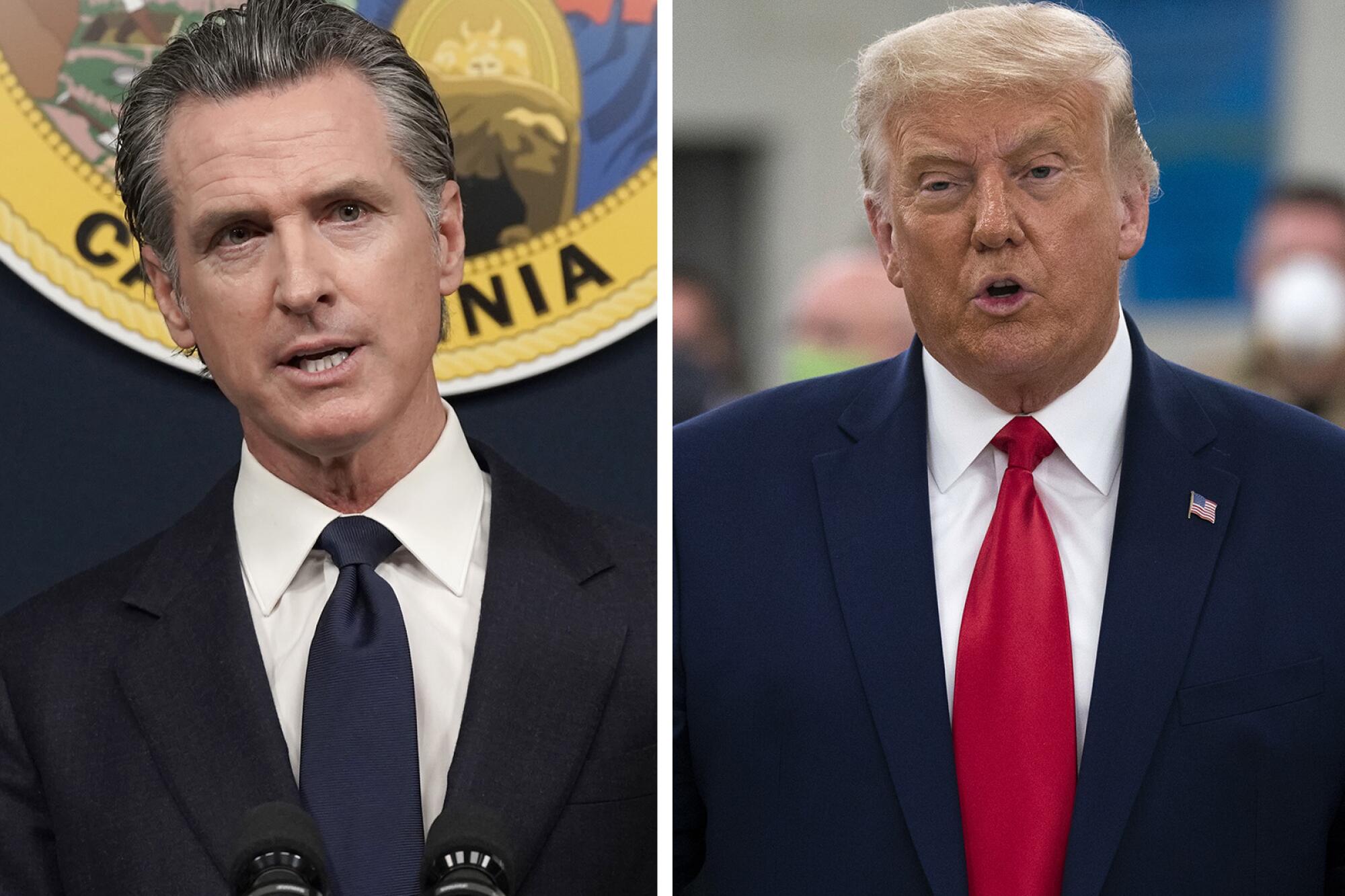 Gov. Gavin Newsom in Nov. 2022 and former President Trump in Sept. 2020.