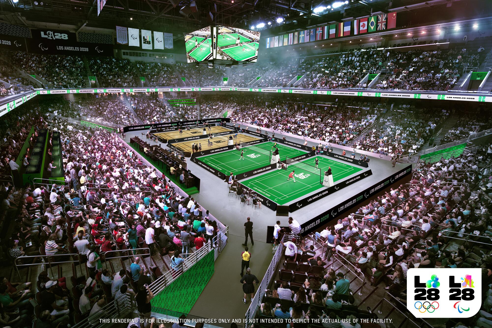 An artist's rendering of the Galen Center hosting badminton during the 2028 Paralympic Games.